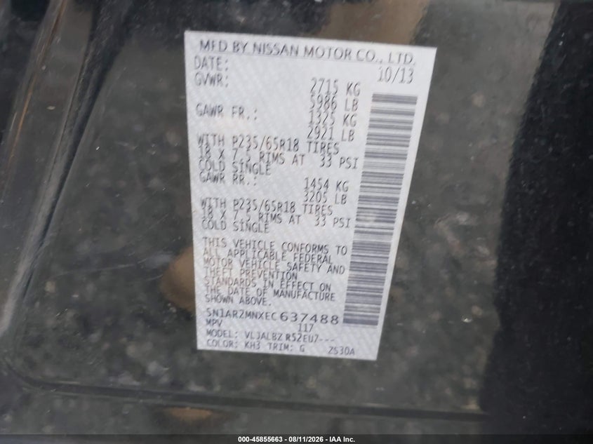 NISSAN PATHFINDER 2014 VIN 5N1AR2MNXEC637488