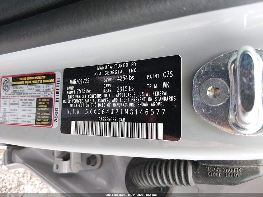 KIA K5 2022 VIN 5XXG64J21NG146577
