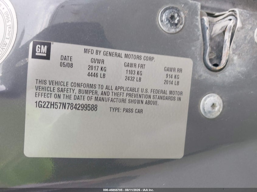 PONTIAC G6 2008 VIN 1G2ZH57N784299588