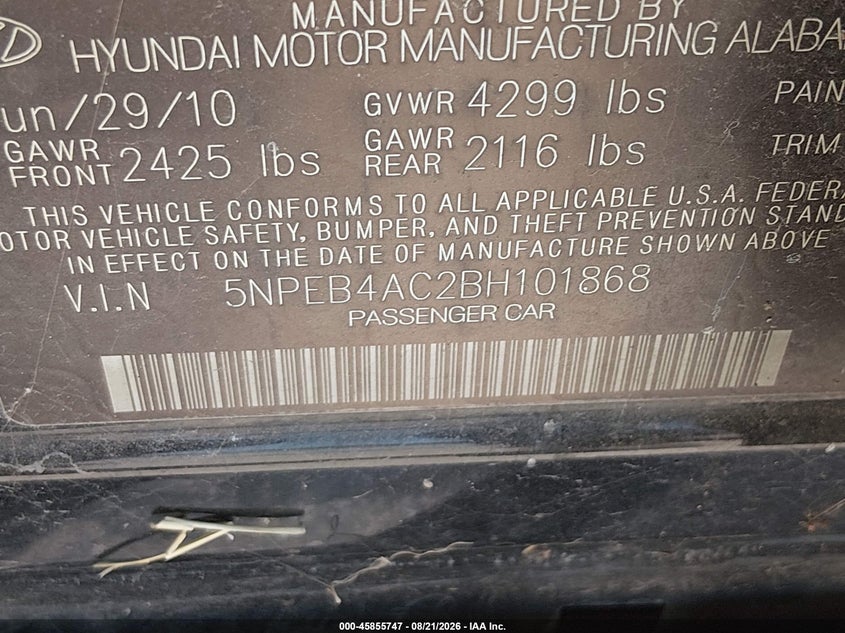 2011 HYUNDAI SONATA SEDAN 2.4L I-4 DI, DOHC, VVT, 198HP