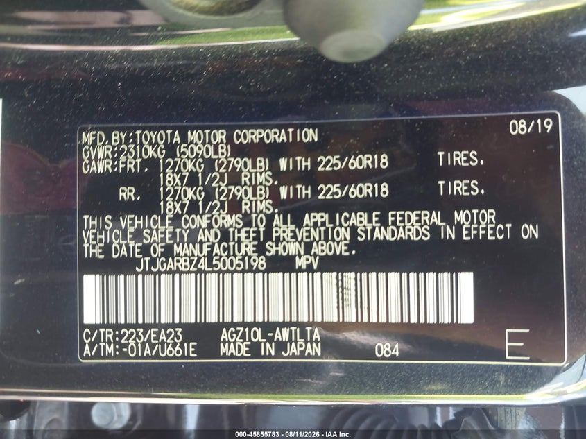 LEXUS NX 300 2020 VIN JTJGARBZ4L5005198