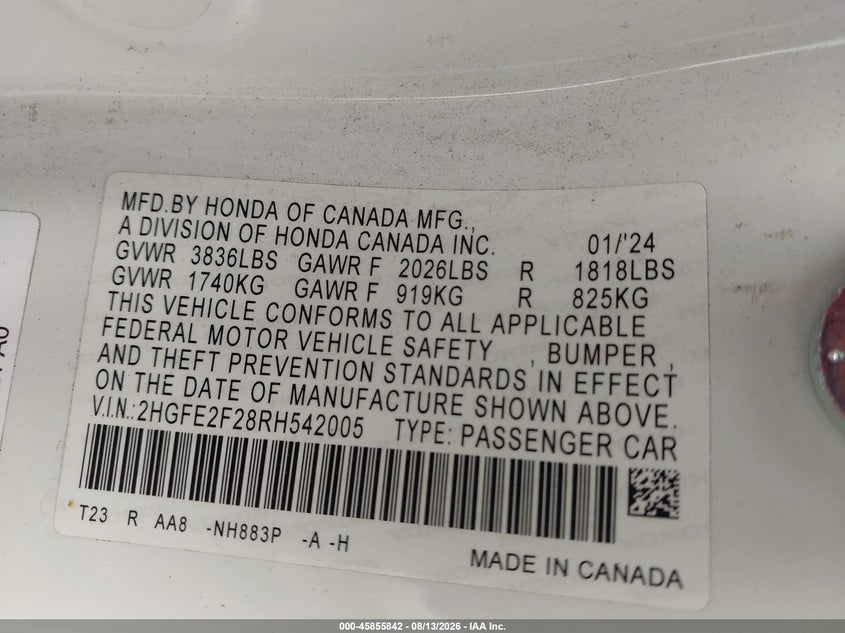 2024 HONDA CIVIC SEDAN 2.0L I-4 DI, DOHC, VVT, REGULAR , 158HP