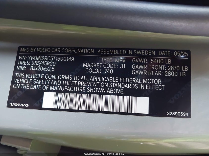 VOLVO XC60 2026 VIN YV4M12RC5T1300149