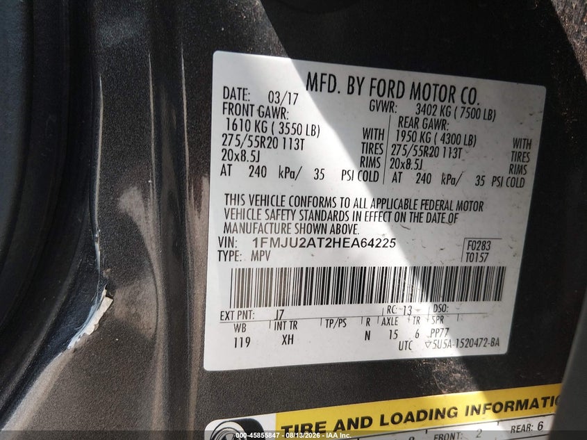 FORD EXPEDITION 2017 VIN 1FMJU2AT2HEA64225