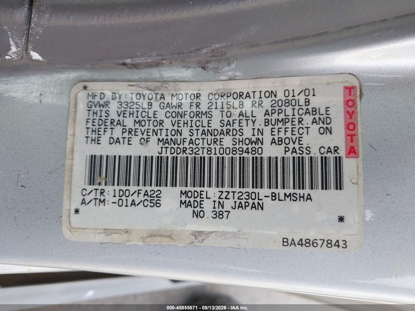 TOYOTA CELICA 2001 VIN JTDDR32T810089480