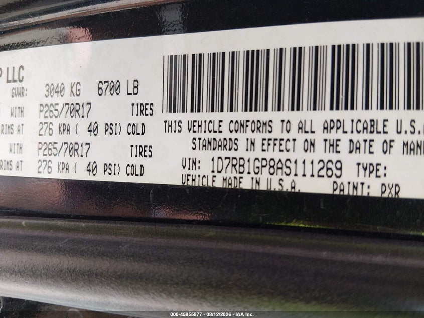 DODGE RAM 1500 2010 VIN 1D7RB1GP8AS111269