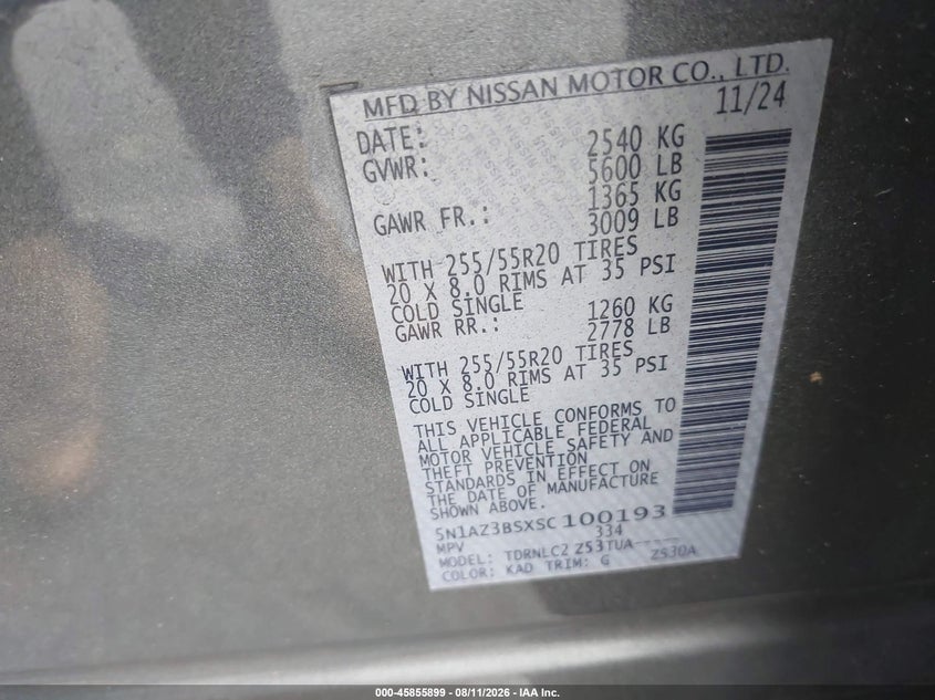 NISSAN MURANO 2025 VIN 5N1AZ3BSXSC100193