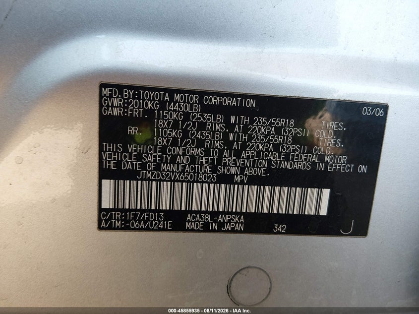2006 TOYOTA RAV 4 SPORT UTILITY VEHICLE 2.4L I-4 DOHC, VVT, 166HP