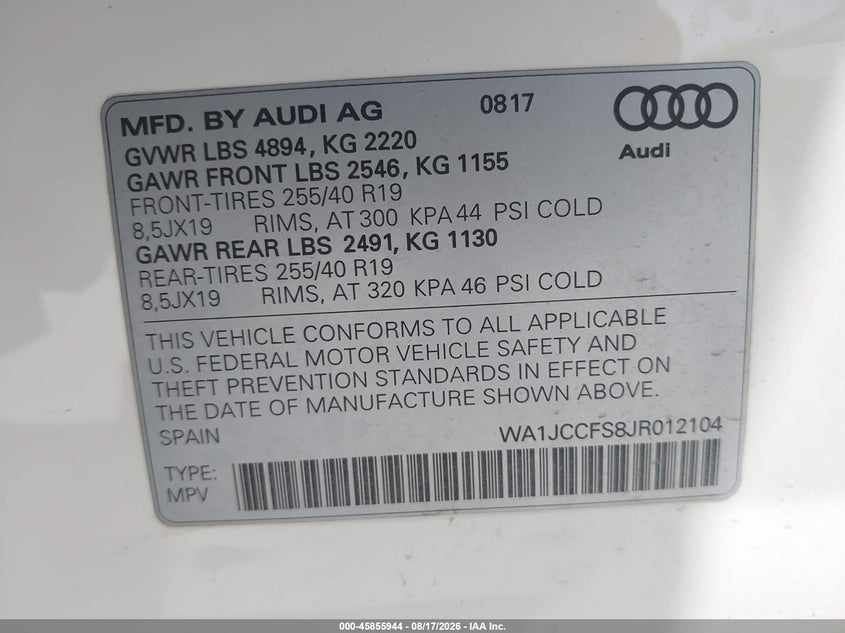 AUDI Q3 2018 VIN WA1JCCFS8JR012104