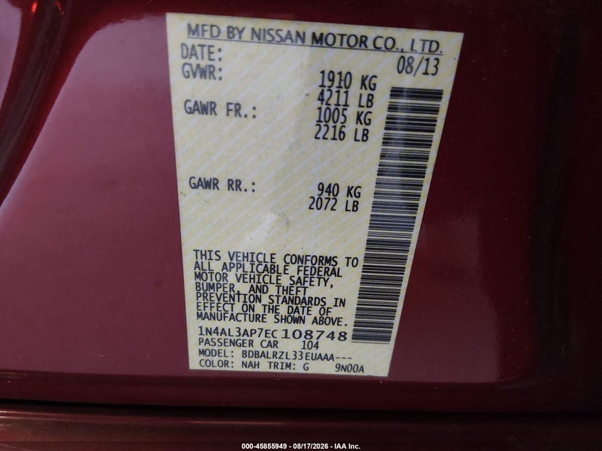 NISSAN ALTIMA 2014 VIN 1N4AL3AP7EC108748