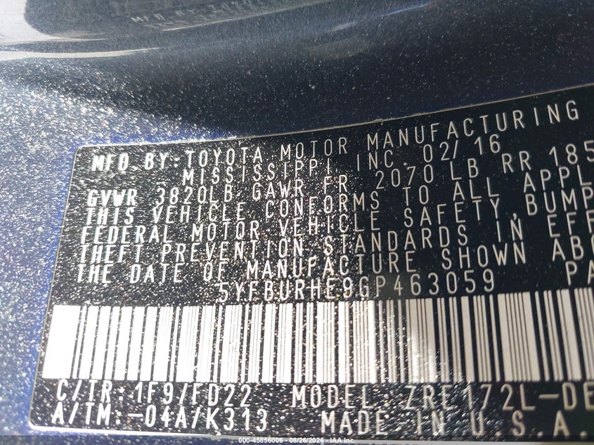 2016 TOYOTA COROLLA SEDAN 1.8L I-4 DOHC, VVT, 132HP