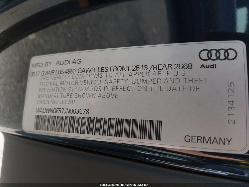 AUDI A5 2018 VIN WAUWNGF57JN003678