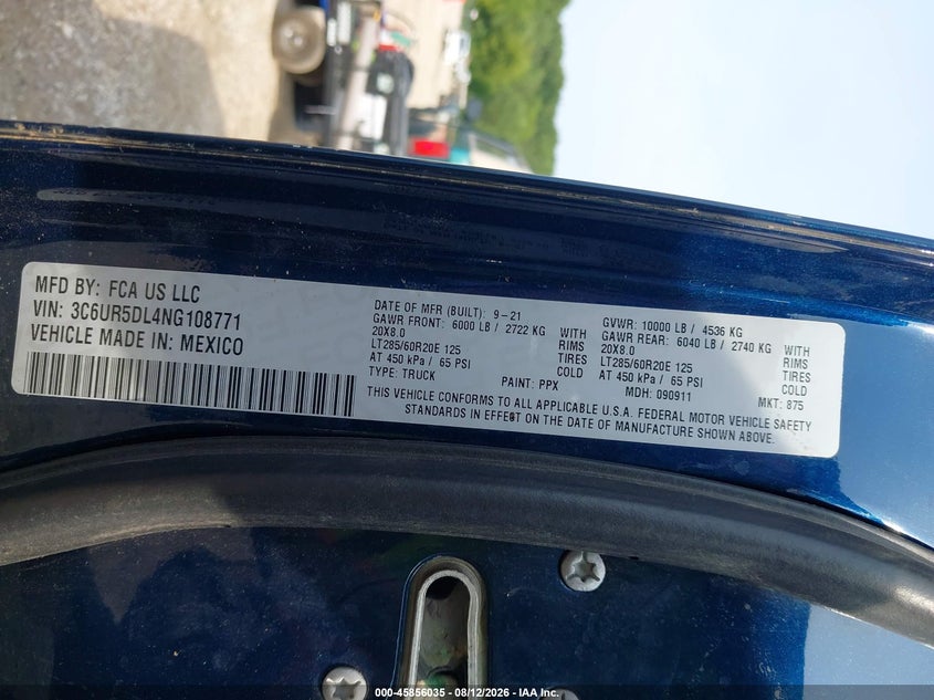 RAM 2500 2022 VIN 3C6UR5DL4NG108771