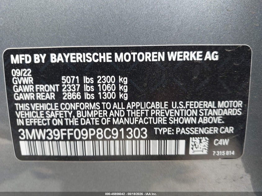 BMW 330E 2023 VIN 3MW39FF09P8C91303
