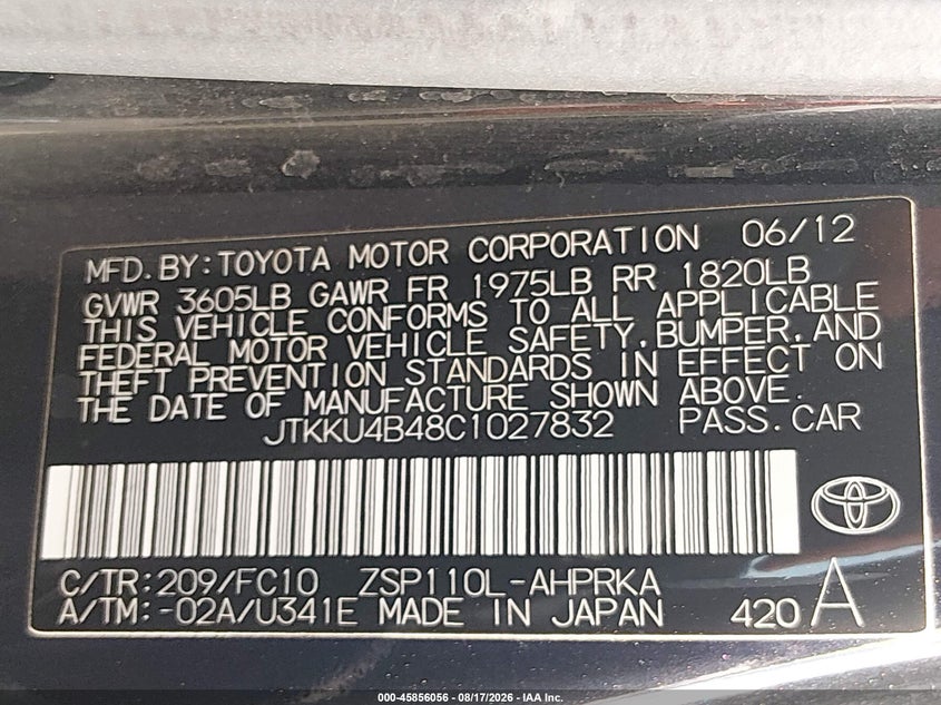 SCION XD 2012 VIN JTKKU4B48C1027832