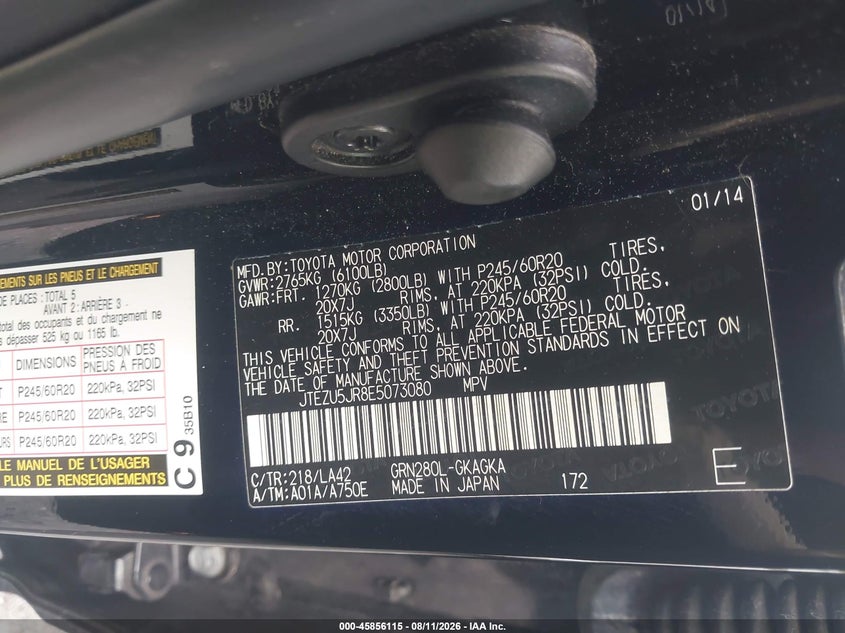 TOYOTA 4RUNNER 2014 VIN JTEZU5JR8E5073080