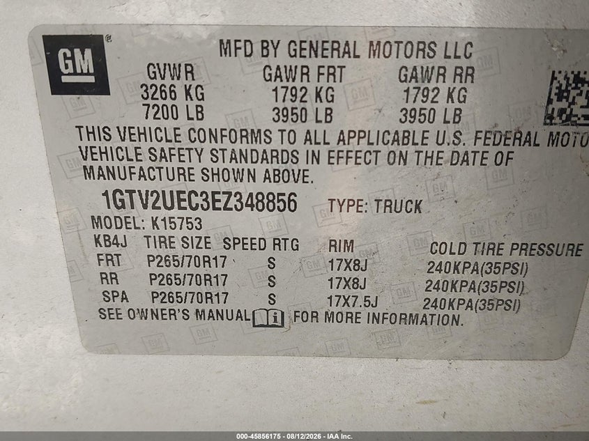 GMC SIERRA 1500 2014 VIN 1GTV2UEC3EZ348856