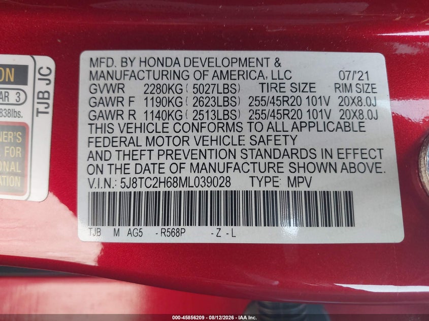 ACURA RDX 2021 VIN 5J8TC2H68ML039028