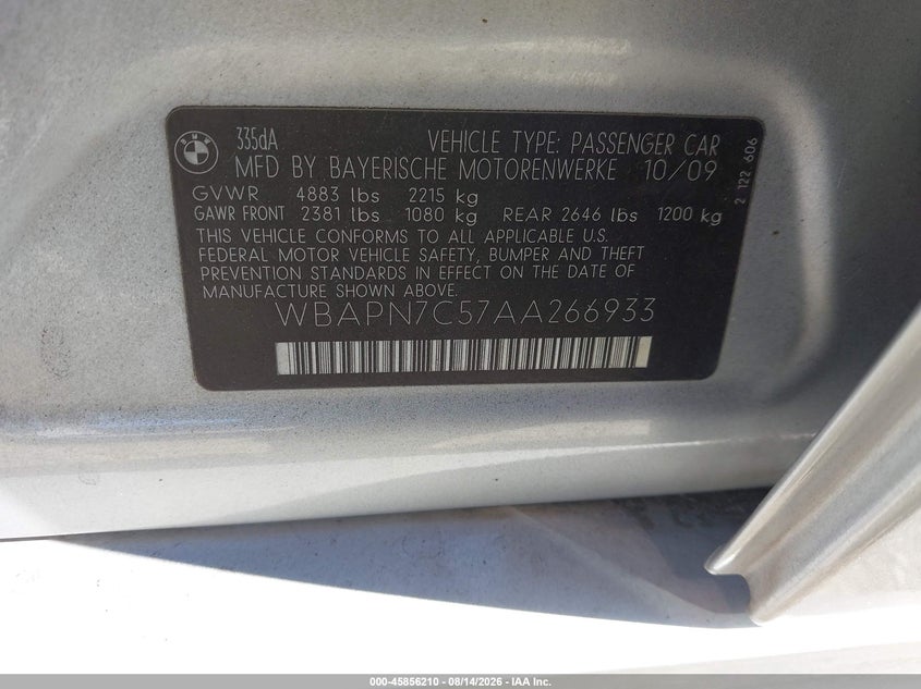 BMW 335D 2010 VIN WBAPN7C57AA266933