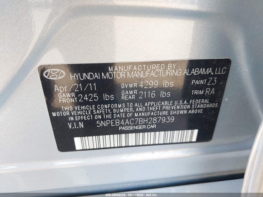 2011 HYUNDAI SONATA SEDAN 2.4L I-4 DI, DOHC, VVT, 198HP