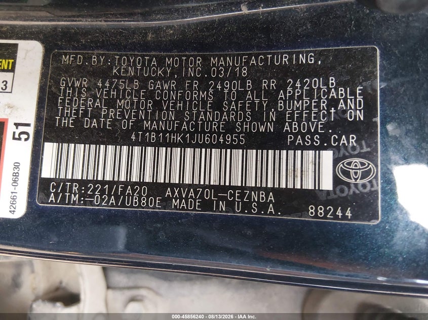TOYOTA CAMRY 2018 VIN 4T1B11HK1JU604955
