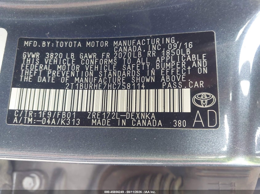 2017 TOYOTA COROLLA SEDAN 1.8L I-4 DOHC, VVT, 132HP