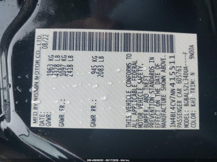 NISSAN ALTIMA 2022 VIN 1N4BL4CV7NN415511