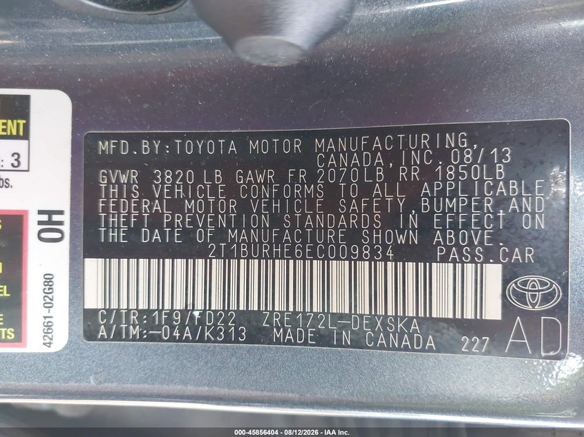 2014 TOYOTA COROLLA SEDAN 1.8L I-4 DOHC, VVT, 132HP