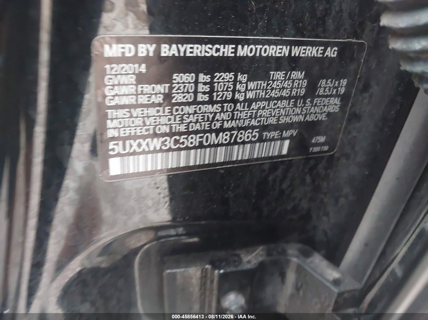 BMW X4 2015 VIN 5UXXW3C58F0M87865
