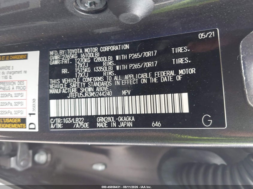 2021 TOYOTA 4RUNNER SPORT UTILITY VEHICLE 4.0L V-6 DOHC, VVT, REGULAR , 270HP