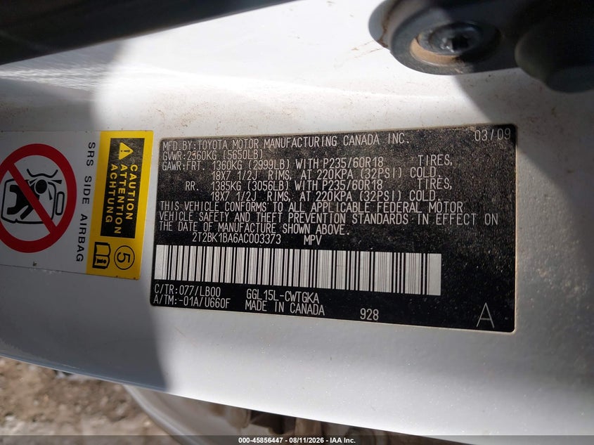 LEXUS RX 350 2010 VIN 2T2BK1BA6AC003373