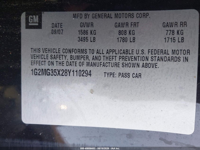 PONTIAC SOLSTICE 2008 VIN 1G2MG35X28Y110294