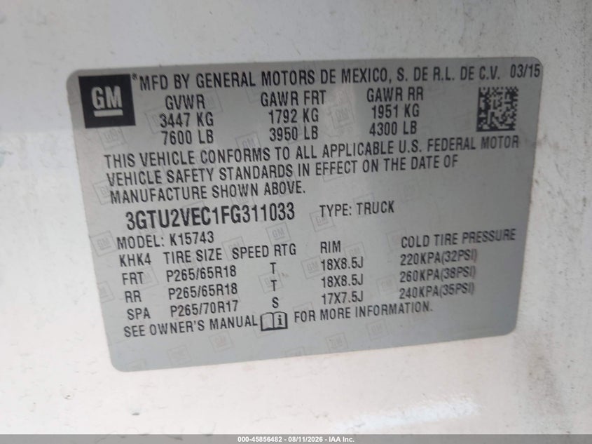 GMC SIERRA 1500 2015 VIN 3GTU2VEC1FG311033