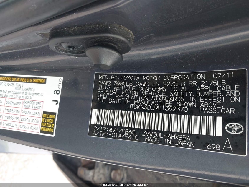 TOYOTA PRIUS 2011 VIN JTDKN3DU9B1392370