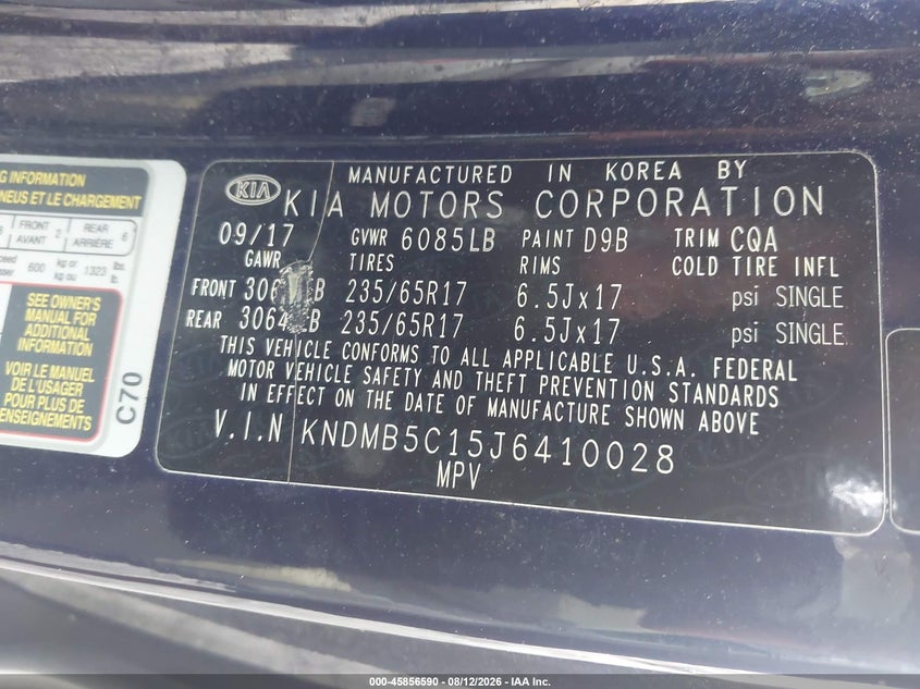 KIA SEDONA 2018 VIN KNDMB5C15J6410028