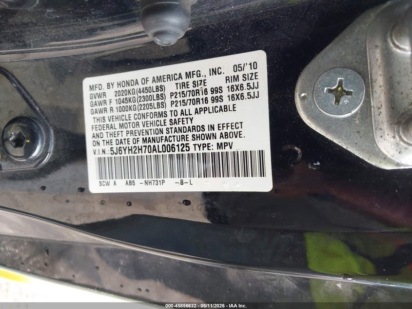 2010 HONDA ELEMENT SPORT UTILITY VEHICLE 2.4L I-4 DOHC, VVT, 166HP