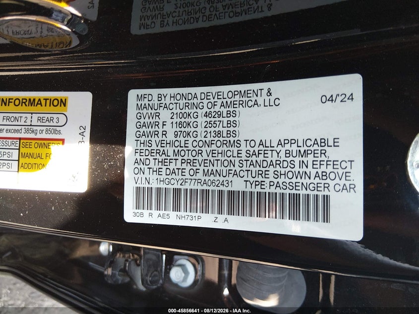HONDA ACCORD HYBRID 2024 VIN 1HGCY2F77RA062431