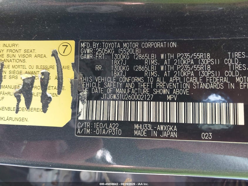 LEXUS RX 400H 2006 VIN JTJGW31U260002127