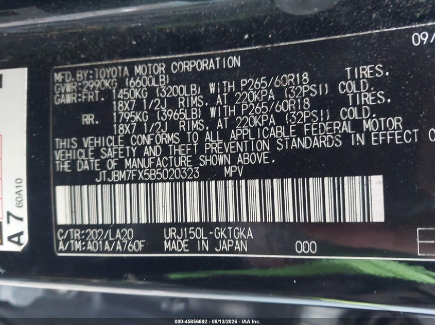 LEXUS GX 460 2011 VIN JTJBM7FX5B5020323