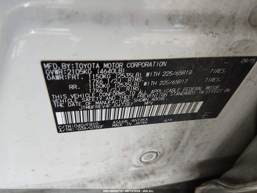 2015 TOYOTA RAV 4 SPORT UTILITY VEHICLE 2.5L I-4 DOHC, VVT, 176HP