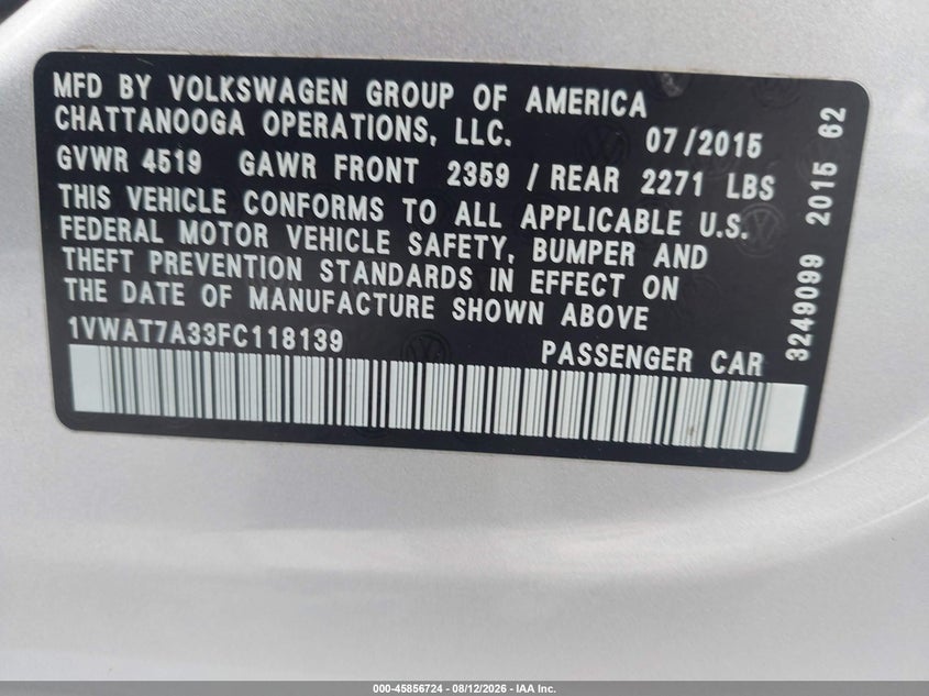 VOLKSWAGEN PASSAT 2015 VIN 1VWAT7A33FC118139