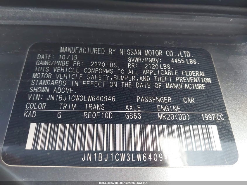 NISSAN ROGUE SPORT 2020 VIN JN1BJ1CW3LW640946