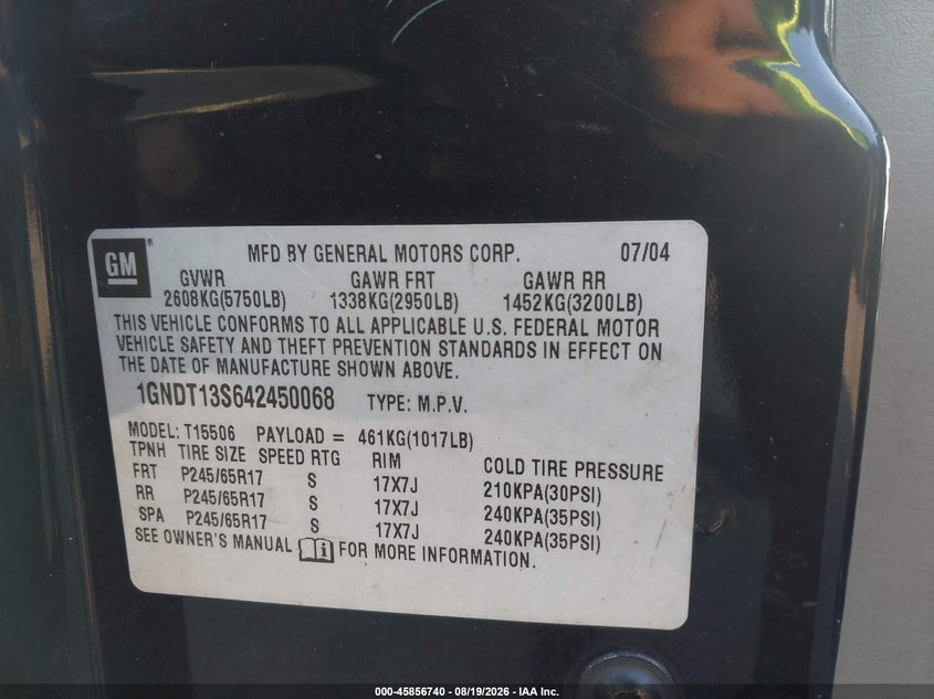 CHEVROLET TRAILBLAZER 2004 VIN 1GNDT13S642450068
