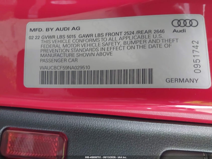 AUDI A5 SPORTBACK 2022 VIN WAUCBCF59NA029510