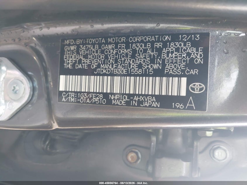 TOYOTA PRIUS C 2014 VIN JTDKDTB30E1558115