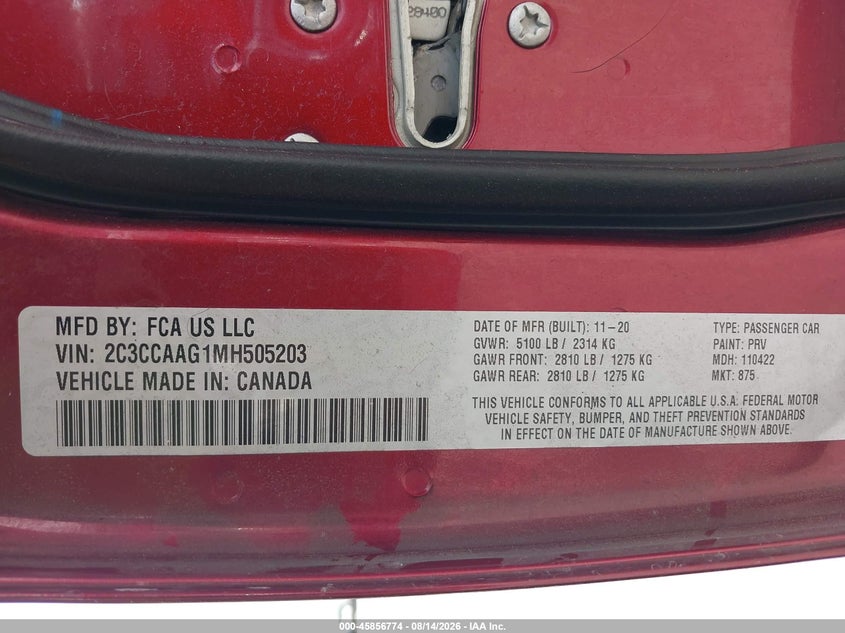 CHRYSLER 300 2021 VIN 2C3CCAAG1MH505203