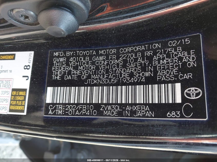 TOYOTA PRIUS 2015 VIN JTDKN3DU5F1934974