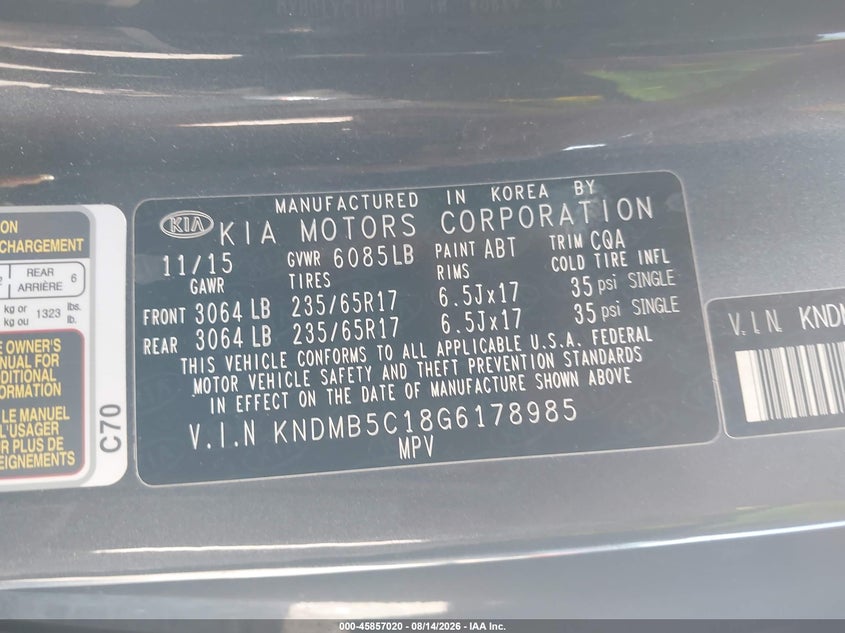 KIA SEDONA 2016 VIN KNDMB5C18G6178985