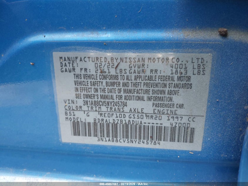 NISSAN SENTRA 2022 VIN 3N1AB8CV5NY245784