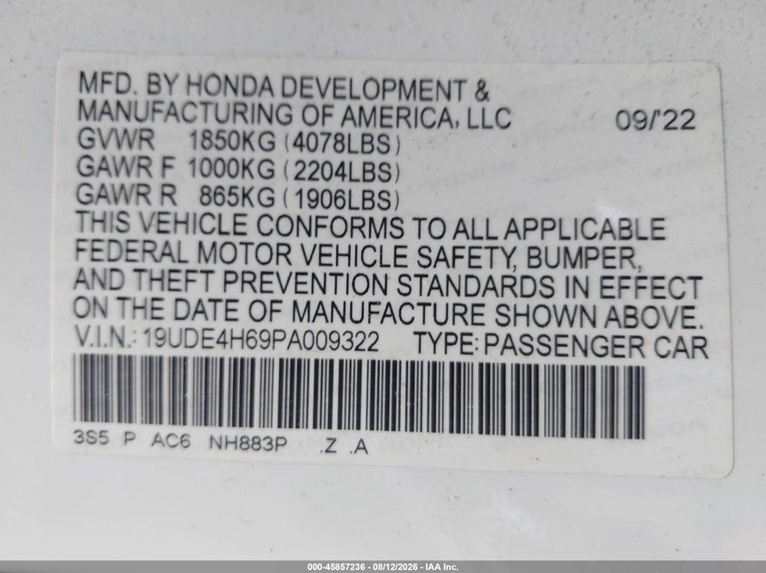ACURA INTEGRA 2023 VIN 19UDE4H69PA009322